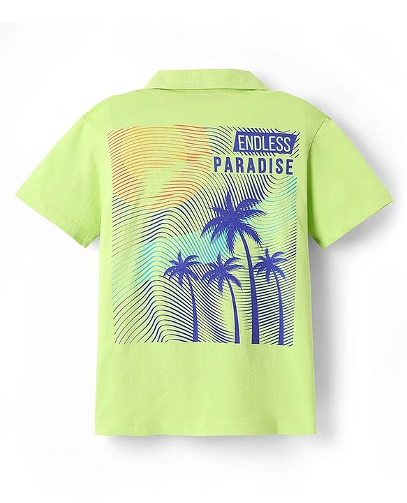 Pine Kids Cotton Knit Half Sleeves Shirt with Beach Theme Print - Light Green