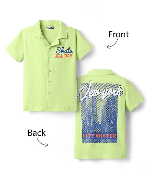 Pine Kids Cotton Knit Half Sleeves Shirt with New York City Print - Light Green