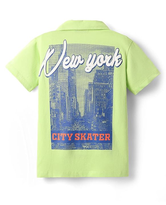 Pine Kids Cotton Knit Half Sleeves Shirt with New York City Print - Light Green