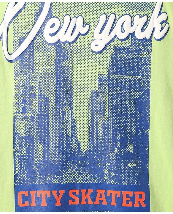 Pine Kids Cotton Knit Half Sleeves Shirt with New York City Print - Light Green