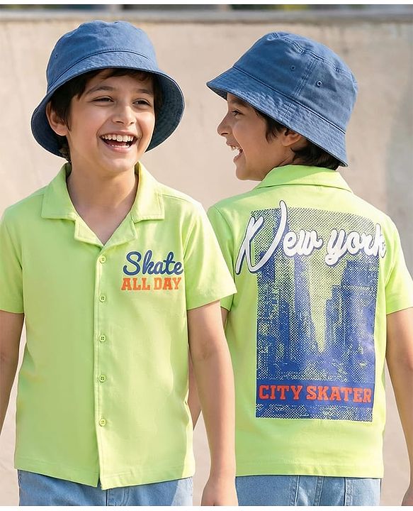 Pine Kids Cotton Knit Half Sleeves Shirt with New York City Print - Light Green