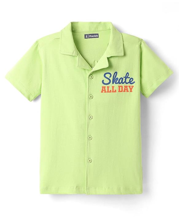 Pine Kids Cotton Knit Half Sleeves Shirt with New York City Print - Light Green