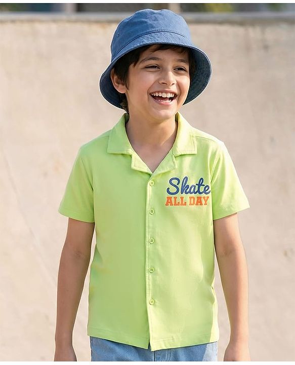 Pine Kids Cotton Knit Half Sleeves Shirt with New York City Print - Light Green