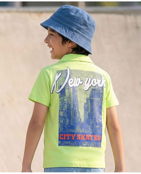 Pine Kids Cotton Knit Half Sleeves Shirt with New York City Print - Light Green