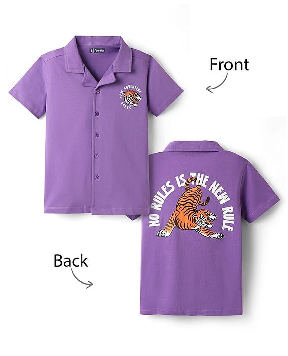 Pine Kids Cotton Knit Half Sleeves Shirt With Tiger Print - Violet
