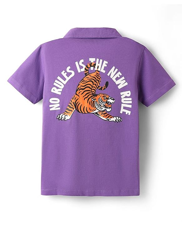 Pine Kids Cotton Knit Half Sleeves Shirt With Tiger Print - Violet