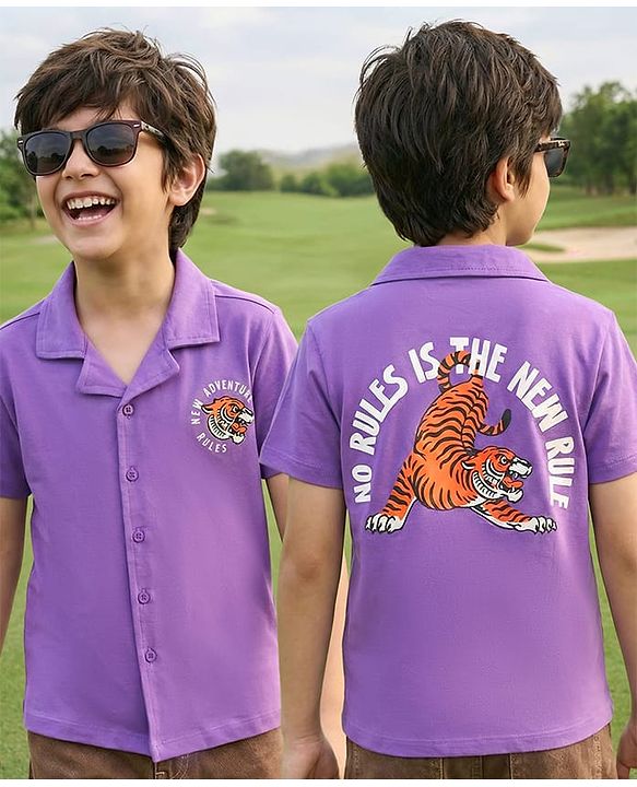 Pine Kids Cotton Knit Half Sleeves Shirt With Tiger Print - Violet