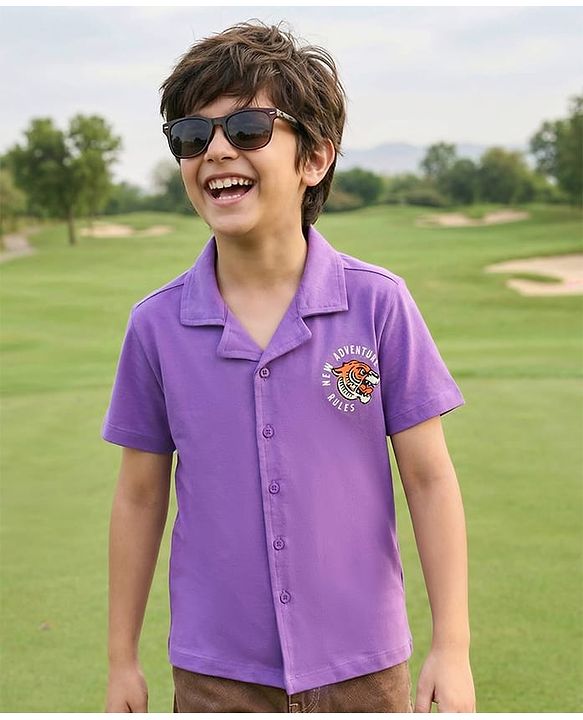 Pine Kids Cotton Knit Half Sleeves Shirt With Tiger Print - Violet