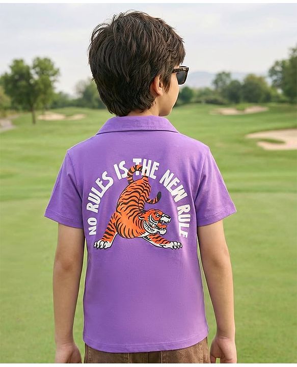 Pine Kids Cotton Knit Half Sleeves Shirt With Tiger Print - Violet