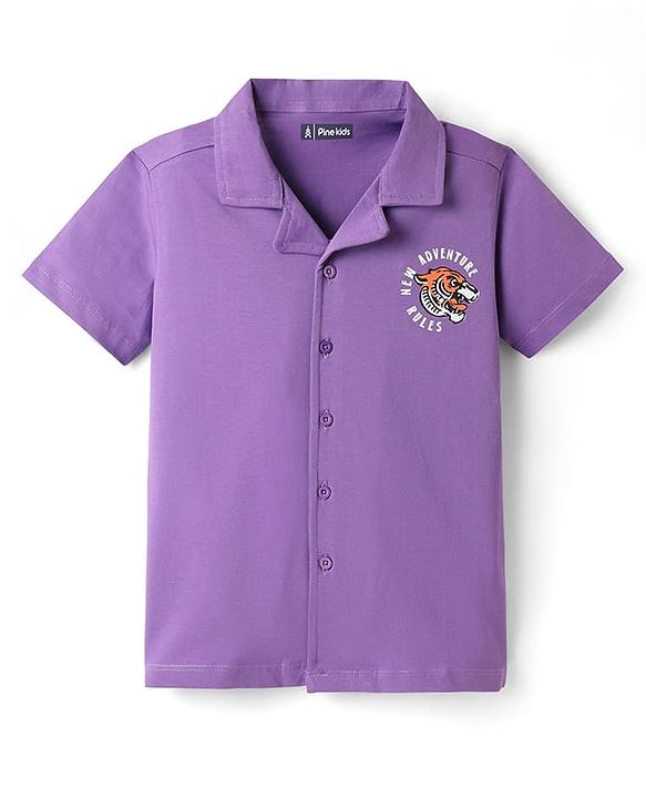 Pine Kids Cotton Knit Half Sleeves Shirt With Tiger Print - Violet