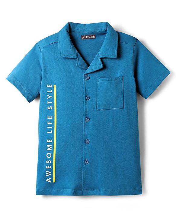 Pine Kids Cotton Knit Half Sleeves Shirt with Text Print - Blue