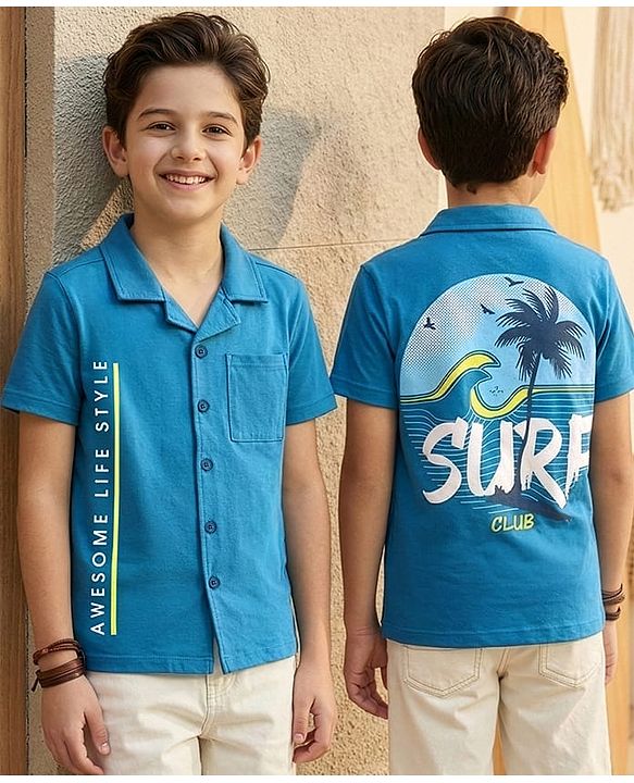 Pine Kids Cotton Knit Half Sleeves Shirt with Text Print - Blue