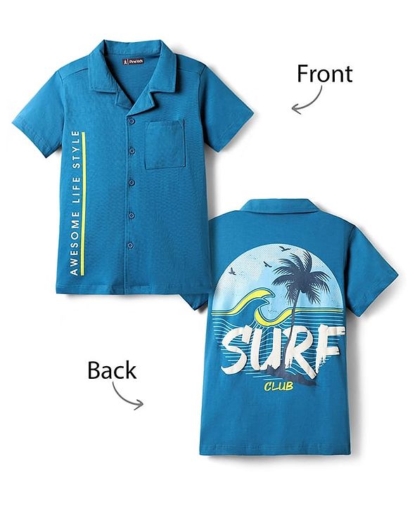 Pine Kids Cotton Knit Half Sleeves Shirt with Text Print - Blue