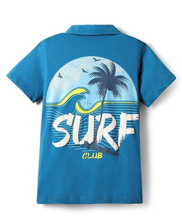 Pine Kids Cotton Knit Half Sleeves Shirt with Text Print - Blue