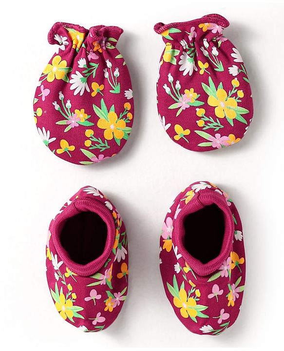 Babyhug 100% Cotton Interlock Knit Mittens & Booties With Floral Print - Maroon