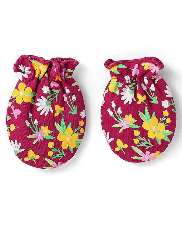 Babyhug 100% Cotton Interlock Knit Mittens & Booties With Floral Print - Maroon