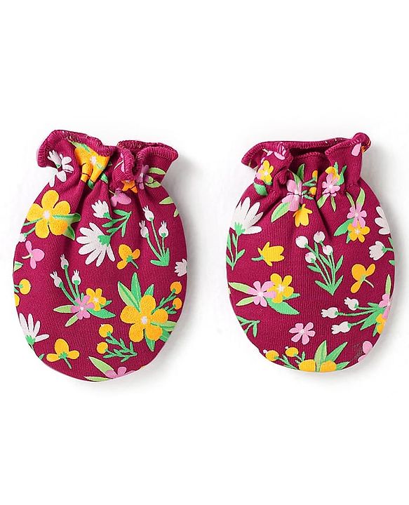 Babyhug 100% Cotton Interlock Knit Mittens & Booties With Floral Print - Maroon