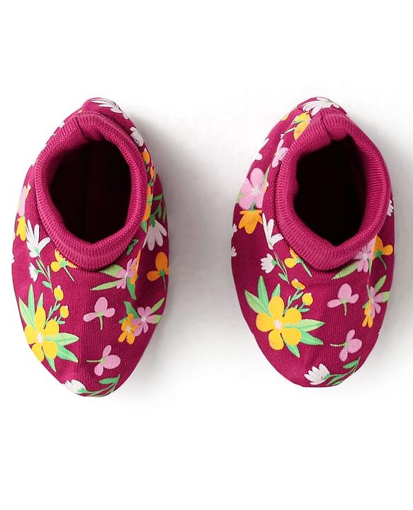 Babyhug 100% Cotton Interlock Knit Mittens & Booties With Floral Print - Maroon