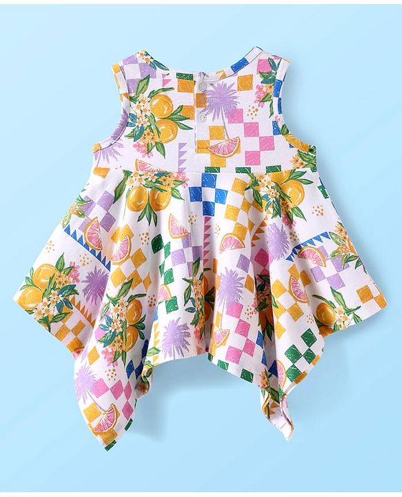 Babyhug Cotton Knit Sleeveless Top with Tropical Print - White