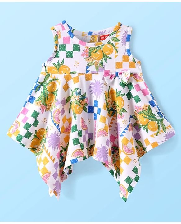 Babyhug Cotton Knit Sleeveless Top with Tropical Print - White