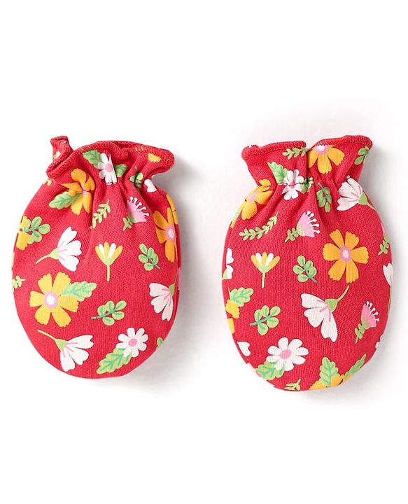 Babyhug 100% Cotton Interlock Knit Mittens & Booties With Floral Print - Red