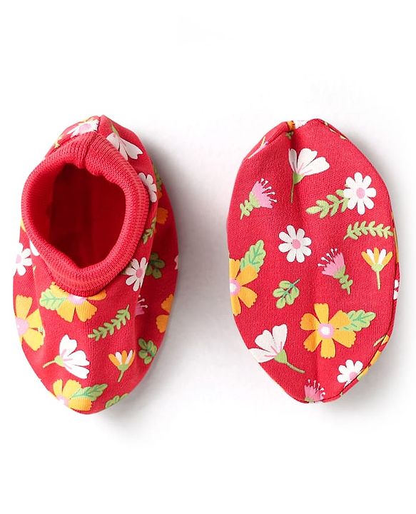 Babyhug 100% Cotton Interlock Knit Mittens & Booties With Floral Print - Red