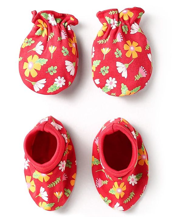 Babyhug 100% Cotton Interlock Knit Mittens & Booties With Floral Print - Red