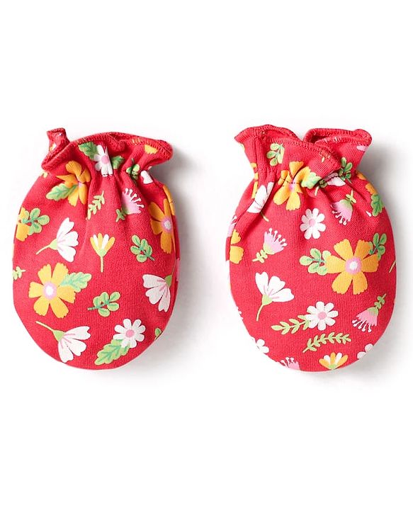 Babyhug 100% Cotton Interlock Knit Mittens & Booties With Floral Print - Red
