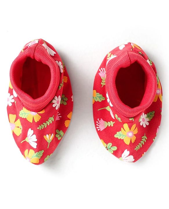 Babyhug 100% Cotton Interlock Knit Mittens & Booties With Floral Print - Red