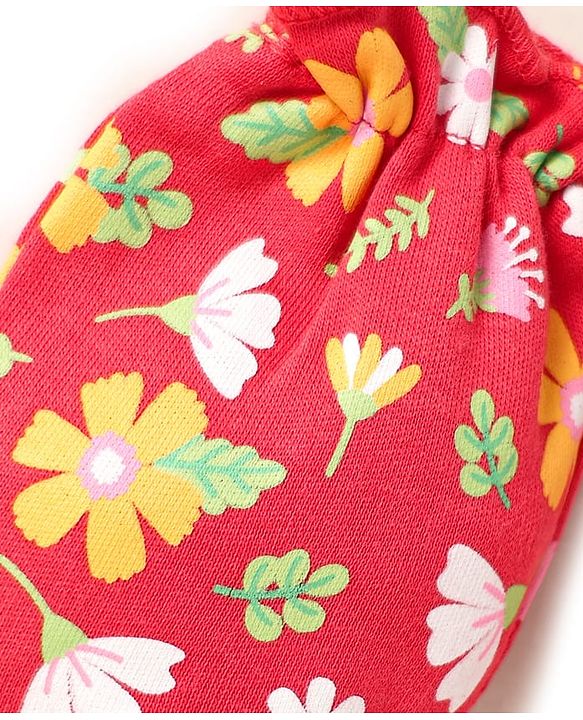 Babyhug 100% Cotton Interlock Knit Mittens & Booties With Floral Print - Red