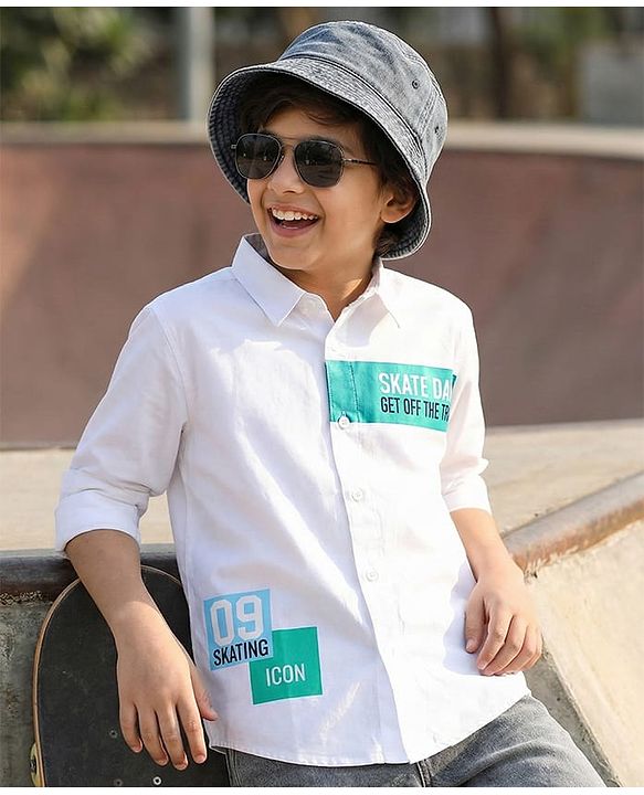 Pine Kids Cotton Woven Full Sleeves Printed Shirt - White