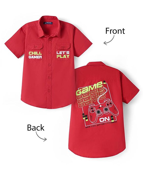 Pine Kids Cotton Woven Half Sleeves  Shirt With Game On Print - Red