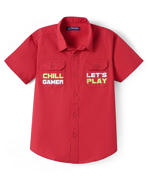 Pine Kids Cotton Woven Half Sleeves  Shirt With Game On Print - Red