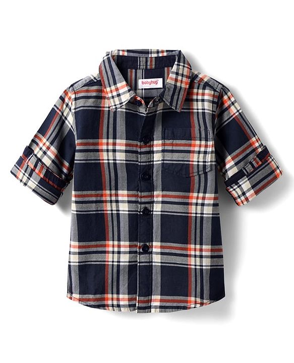 Babyhug Cotton Woven Full Sleeves Checks Shirt & Trouser Set - Navy Blue & Beige