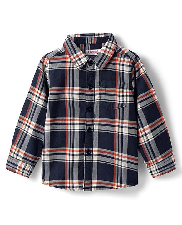 Babyhug Cotton Woven Full Sleeves Checks Shirt & Trouser Set - Navy Blue & Beige