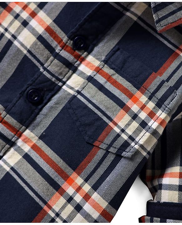Babyhug Cotton Woven Full Sleeves Checks Shirt & Trouser Set - Navy Blue & Beige