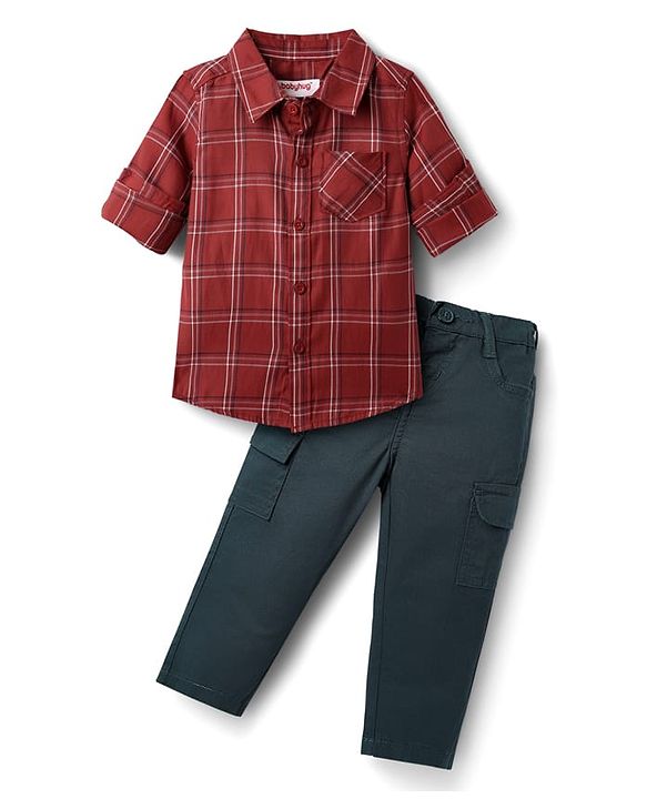 Babyhug Cotton Woven  Full Sleeves Shirt & Trouser Set with Checks - Red & Blue