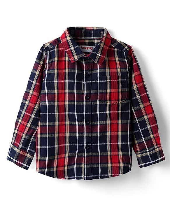 Babyhug Cotton Woven  Full Sleeves Shirt & Trouser Set with Checks - Red Navy Blue & Beige