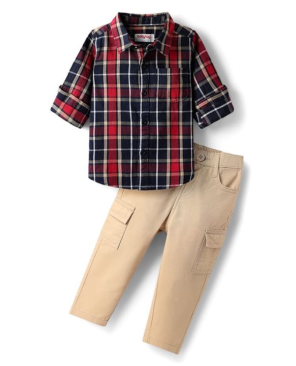 Babyhug Cotton Woven  Full Sleeves Shirt & Trouser Set with Checks - Red Navy Blue & Beige