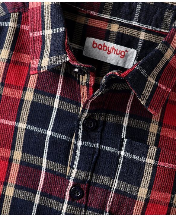 Babyhug Cotton Woven  Full Sleeves Shirt & Trouser Set with Checks - Red Navy Blue & Beige