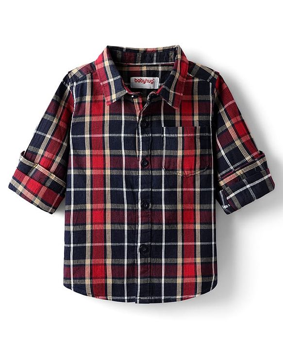 Babyhug Cotton Woven  Full Sleeves Shirt & Trouser Set with Checks - Red Navy Blue & Beige