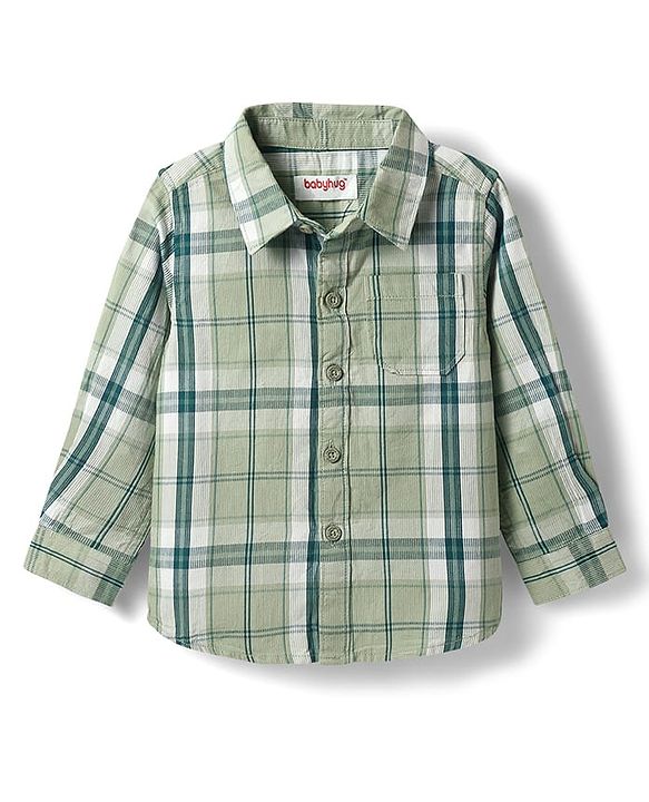 Babyhug Cotton Woven Full Sleeves Checkered Shirt & Denim Jeans - Olive Green & Blue