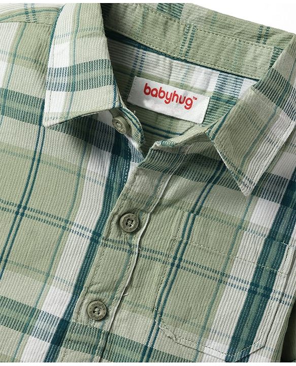 Babyhug Cotton Woven Full Sleeves Checkered Shirt & Denim Jeans - Olive Green & Blue