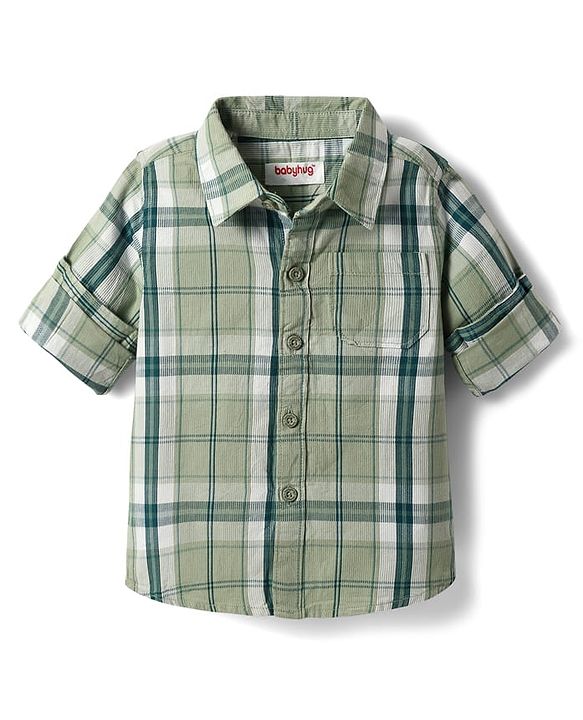 Babyhug Cotton Woven Full Sleeves Checkered Shirt & Denim Jeans - Olive Green & Blue