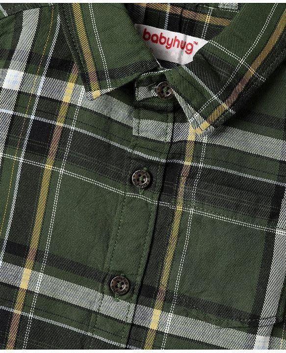 Babyhug Cotton Woven Full Sleeves Checks Shirt & Trouser Set - Dark Green & Beige
