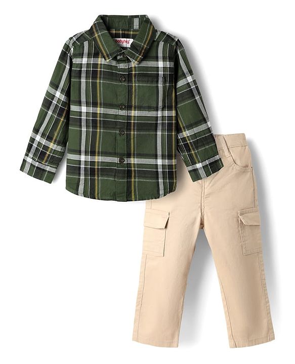 Babyhug Cotton Woven Full Sleeves Checks Shirt & Trouser Set - Dark Green & Beige
