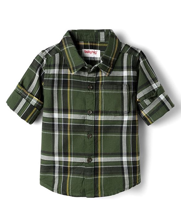 Babyhug Cotton Woven Full Sleeves Checks Shirt & Trouser Set - Dark Green & Beige