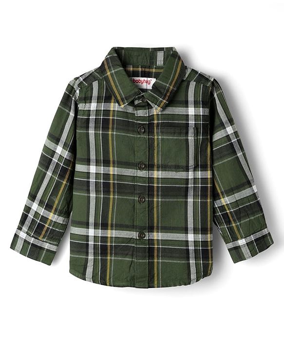 Babyhug Cotton Woven Full Sleeves Checks Shirt & Trouser Set - Dark Green & Beige