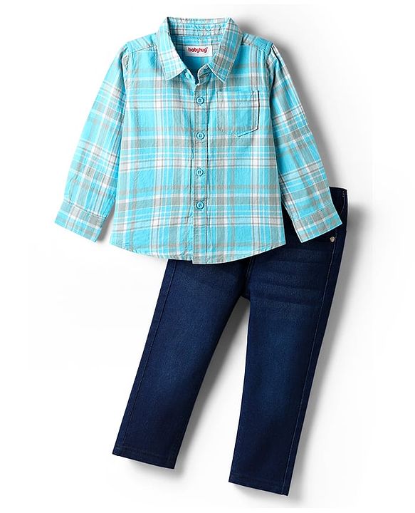Babyhug Cotton Woven Full Sleeves Shirt & Jeans with Checks - Light Blue & Blue