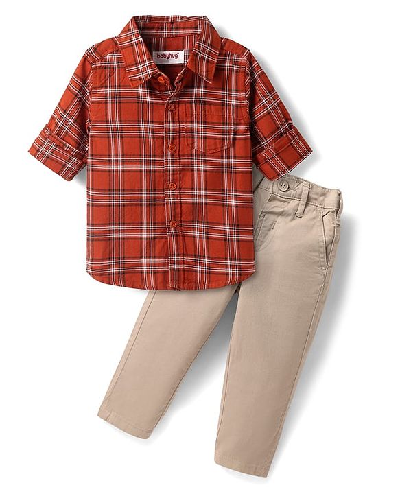 Babyhug Cotton Woven Full Sleeves Checkered Shirt & Trouser Set - Rust Orange & Beige
